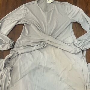 Gray Ruched Wrap Dress with Bishop Sleeves